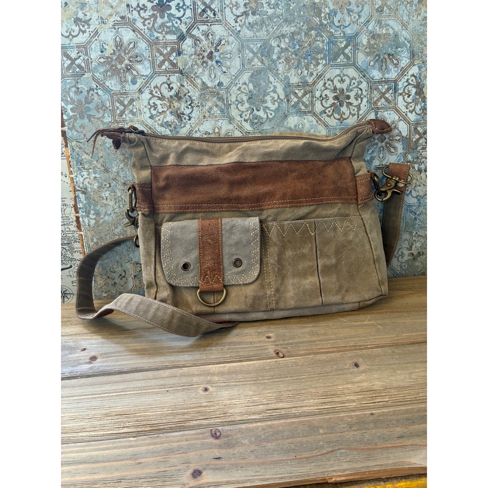 Myra Bag Canvas Leather Crossbody Bag Earth Tone Upcycled S-1294 Brown Tan - Picture 2 of 4